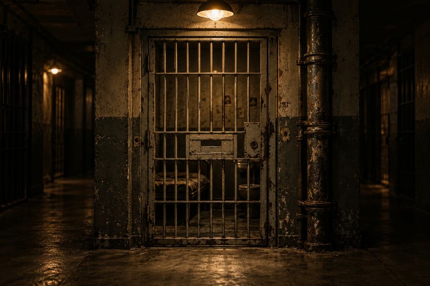 Un couloir de prison, grille fermée sous une lampe